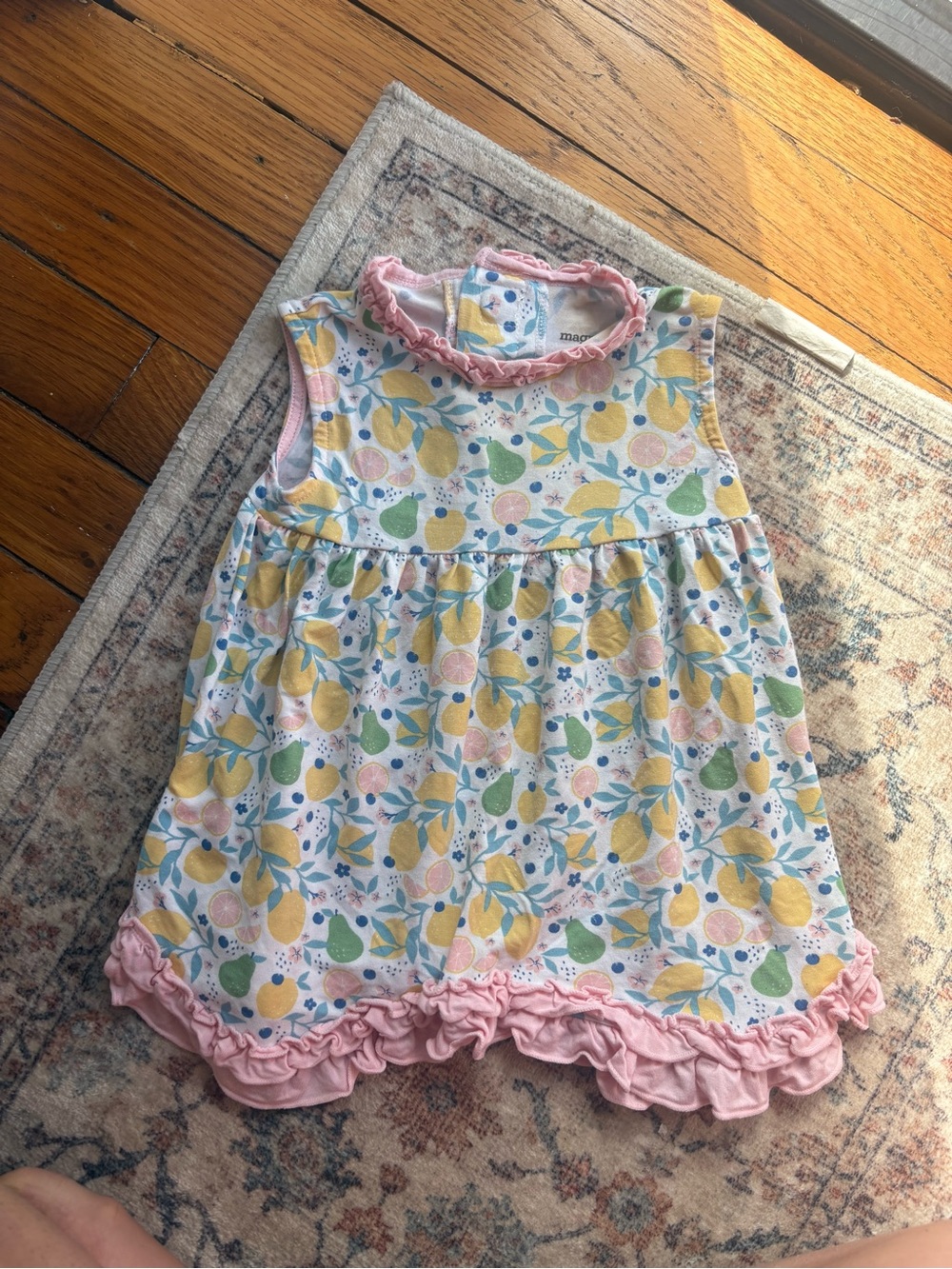 Magnetic Me 6/9M Baby Girls Fruit Print Ruffle Dress with Pink Trim, Bamboo